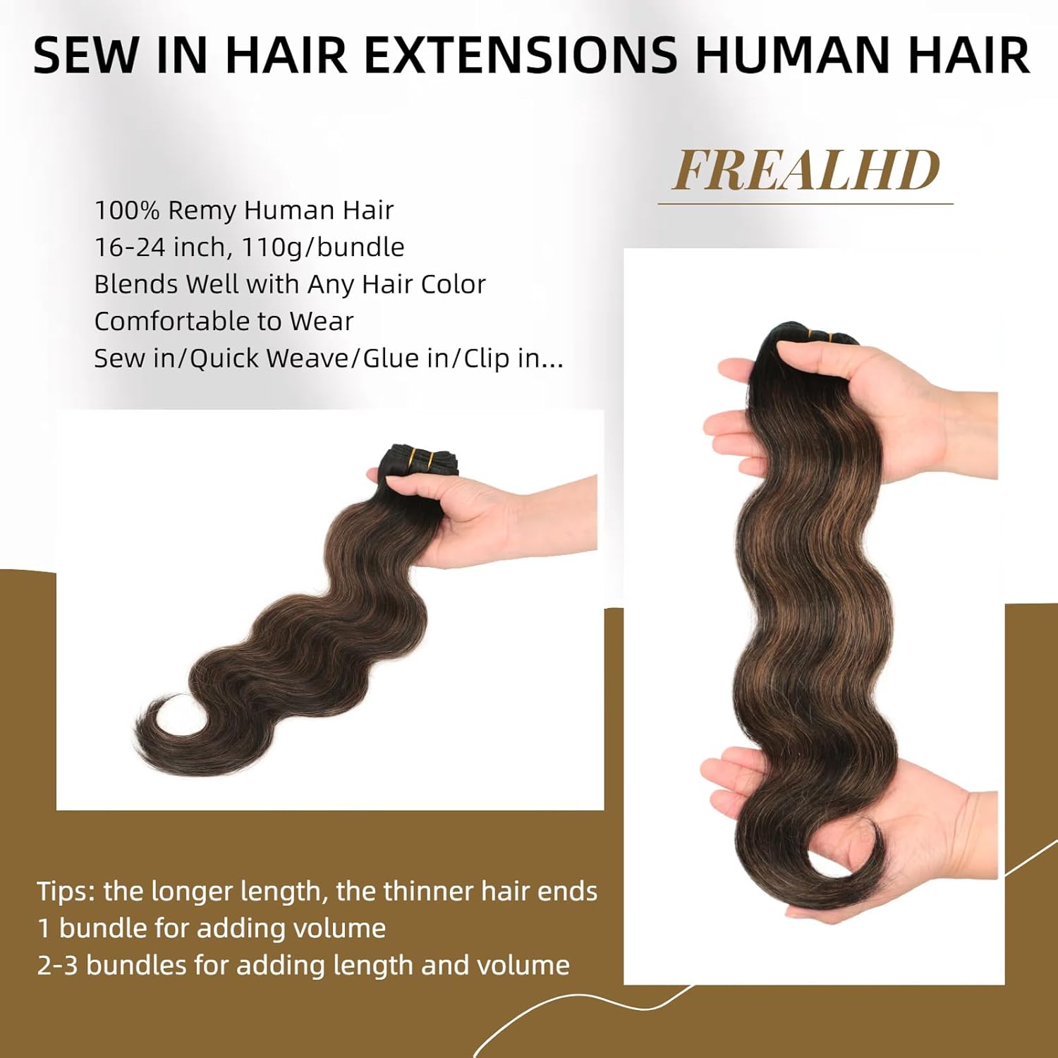 Sew in Hair Extensions Real Human Hair, 110g 20 inch Balayage Natural Black to Chestnut Brown Body Wave Bundles Remy Human Hair Weave Extensions Double Weft