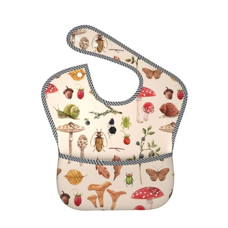 Bingfone Mess-Proof Baby Bib - Waterproof Bib For Baby Boy Or Girl With Food Catcher Pocket, Unisex-Retro Autum Mushrooms