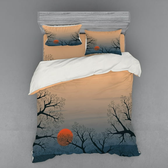 Ambesonne Tree Bedding Set 4 Pcs, Sunrise Branches Misty Sky, Queen, Slate Blue Orange Peach