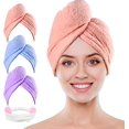 thumbnail image 1 of Paquete de 3 toallas (rosa, azul, morado), toalla de microfibra, bandana, gorro de secado superabsorbente con botones., 1 of 5