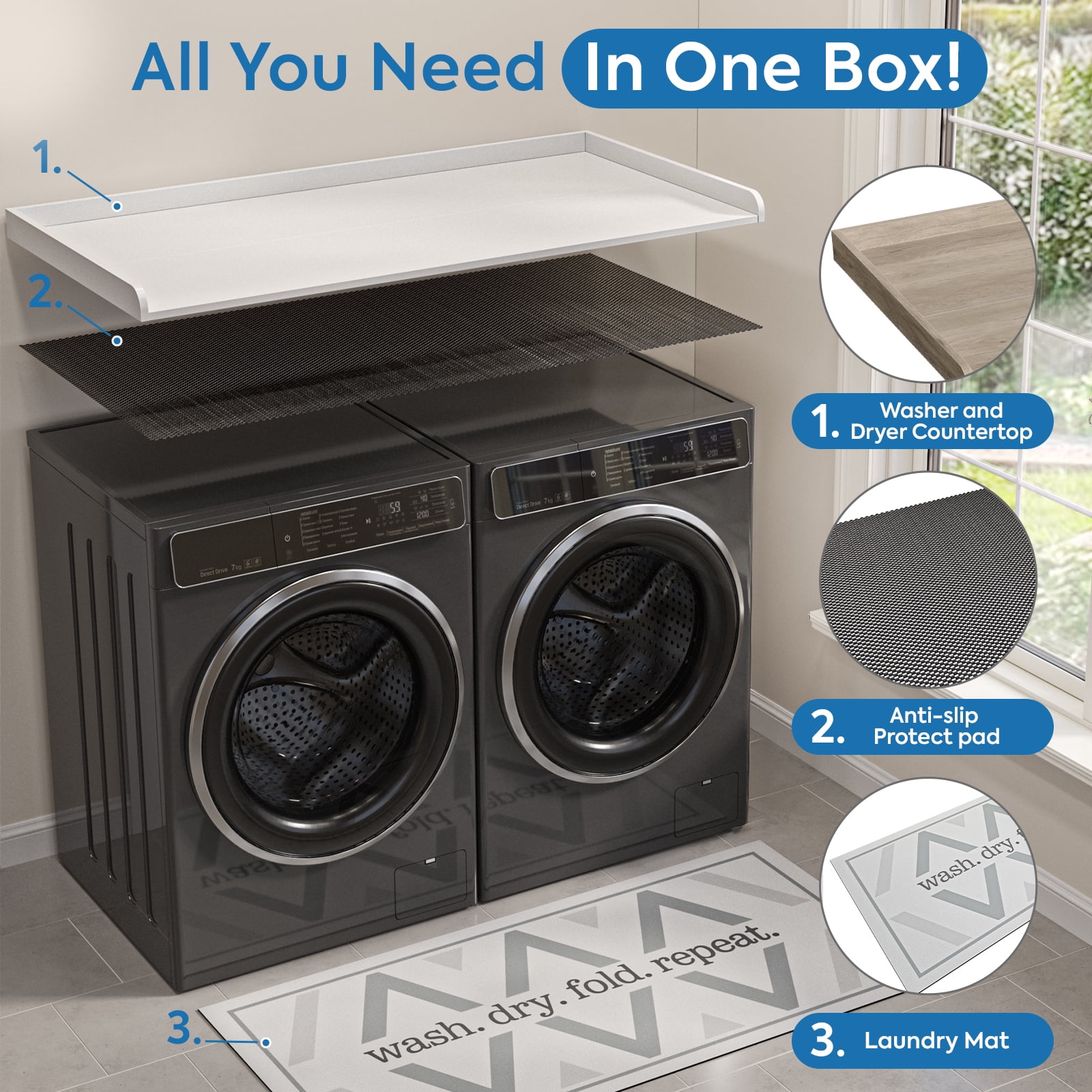 27.6" D x 54" W Wood Washer Dryer Countertop with Anti-Slip Pad, Laundry Room Organization Set, Dryer Covers for The Top with Edge Rails, Washer Dryer Topper for Laundry Room, White