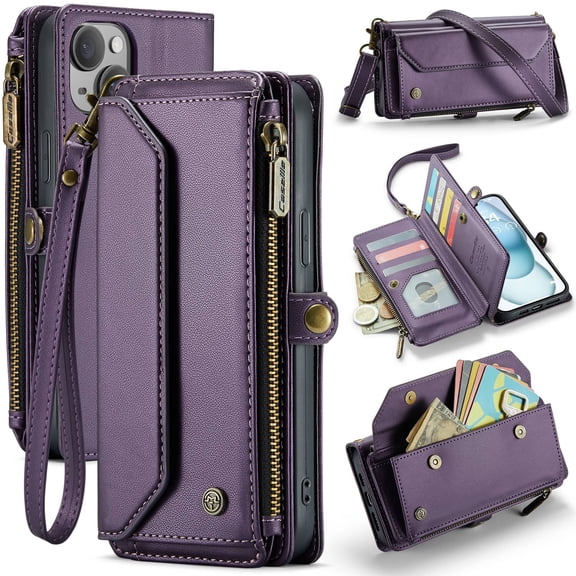 Crossbody for iPhone 15 Plus Case Wallet【RFID Blocking】with 10-Card Holder Zipper Bills Slot, Soft PU Leather Magnetic Shoulder Wrist Strap for iPhone 15 Plus Wallet Case Women