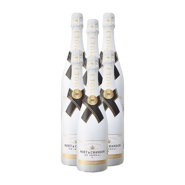 pack de 6 champagne moet & chandon ice impérial 750 ml importado — seis botellas de 750 ml con diseño Ice Imperial: cuerpo blanco, gran X negra en la etiqueta, cápsula y sello blancos con detalles dorados; fondo neutro; apto para cócteles y celebraciones.