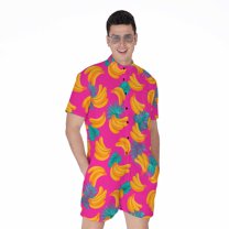 Pink Tropical Banana Pattern Short Sleeve Men'S Rompers, Aloha Tropical Hawaiian Casual Summer Jumpsuits Outfit