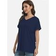 thumbnail image 2 of Women's V Neck T Shirts Casual Rolled Short Sleeve Side Split Summer Tops Loose Fit, 2 of 6