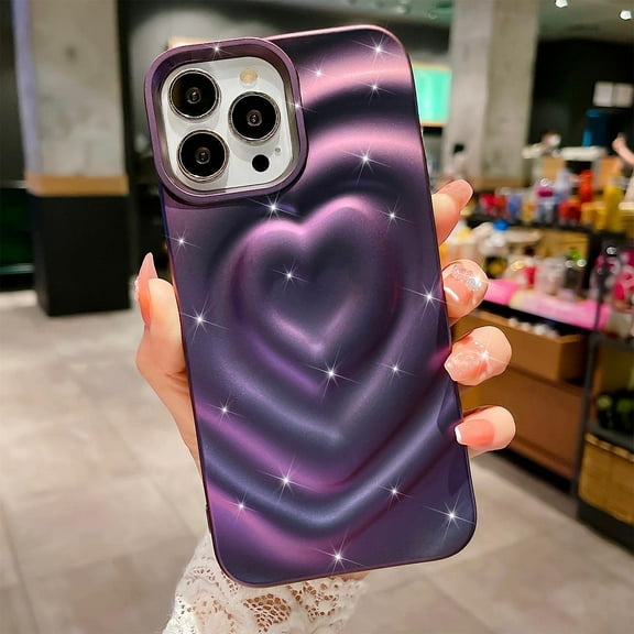Compatible with iPhone 12 Pro Max Case 6.7 Inch, Luxury 3D Design Heart Electroplated Water Ripple Case for Women Girls Soft Silicone Shockproof Camera Protective Back Cover-Purple