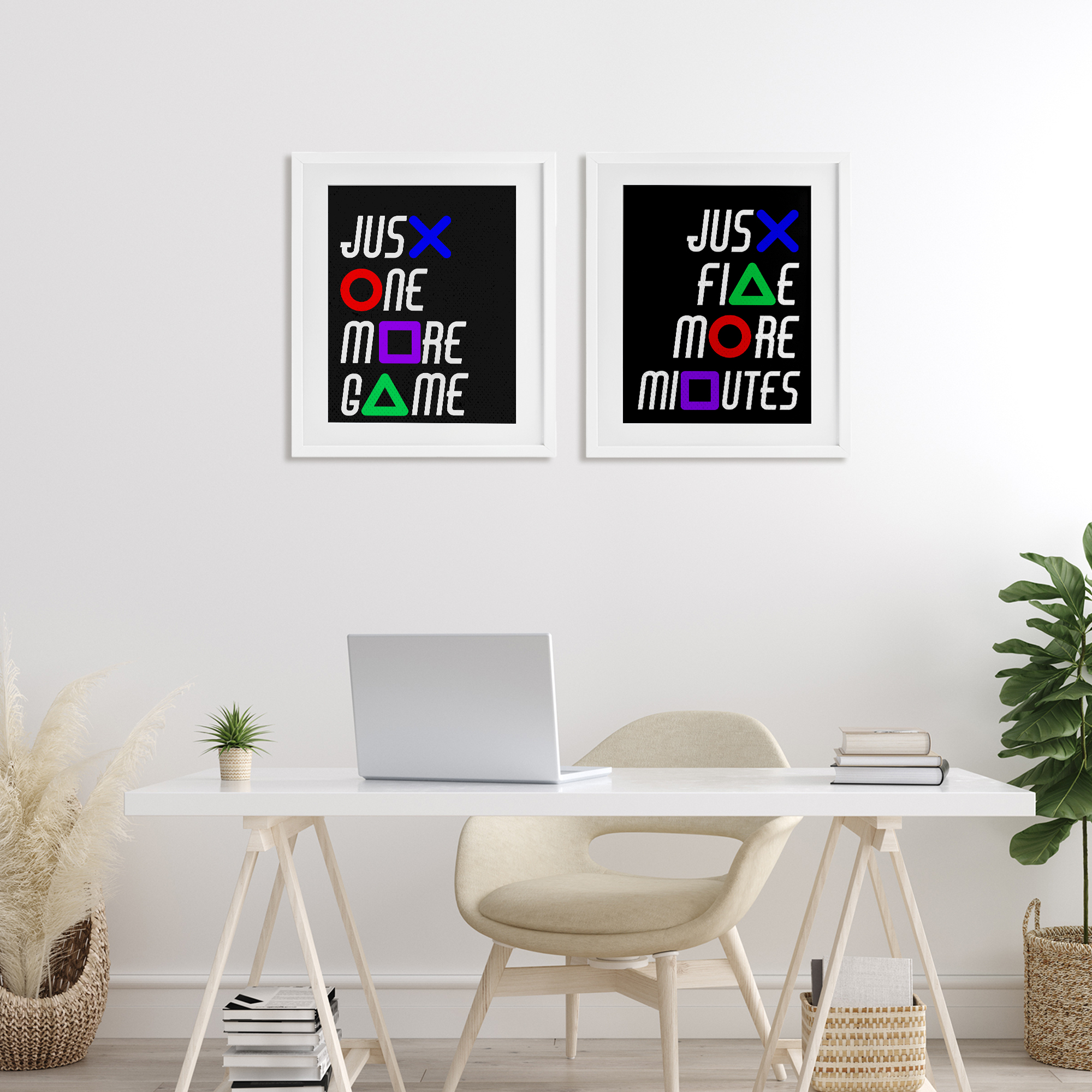 Gamer Button Symbols Phrases 2 Piece White Framed Print Under Glass Set, design by Kim Allen