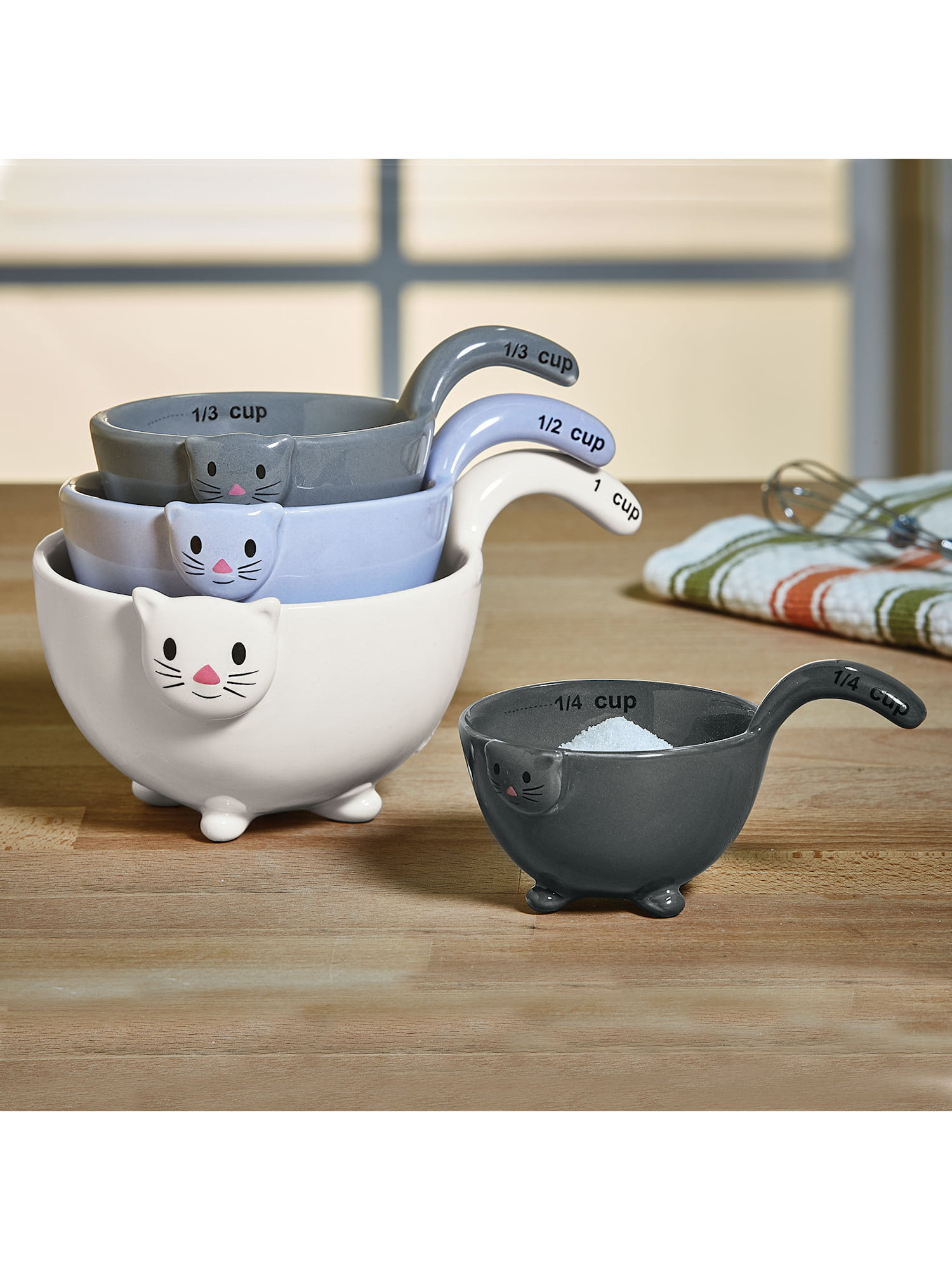 White Ceramic Cat Measuring Cups: Set of Cat Shaped Bowls 1/2 Cup 1/3 Cup and 1/4 Cup 1 Cup 