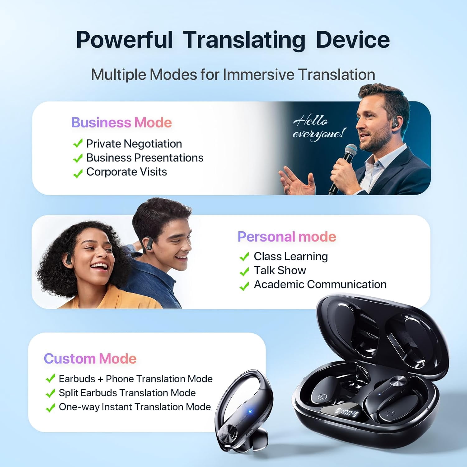 AI Translation Earbuds Real Time, 144 Languages Wireless Headphones Noise Canceling Offline Mode 60H Playtime, iOS/Android APP for Travel & Business Learning