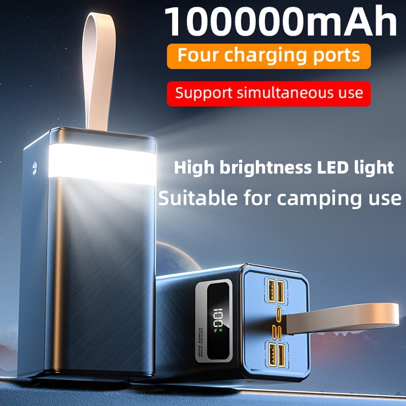 A 100000Mah Power Bank with 22.5W Super Fast Charging, Large Capacity, Intelligent Digital Display Screen, Leather Hanging Rope,Outdoor Camping LED Light,Travel Backup Power Supply,Suitable for Phone