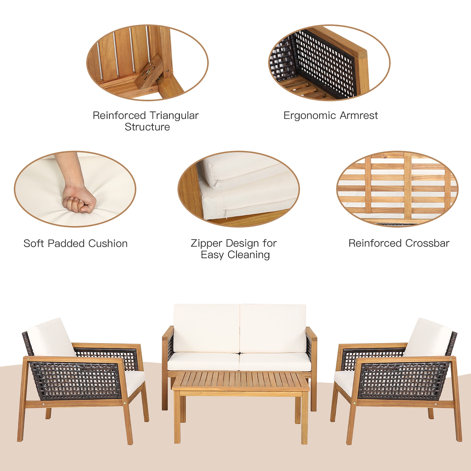 Costway 4PCS Patio Rattan Furniture Set Acacia Wood Cushioned Sofa Off White