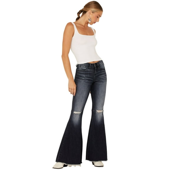 Shyanne Women's Dark Wash Mr Super Flare Destructed Fray Jeans Dark Blue 28W x 34L