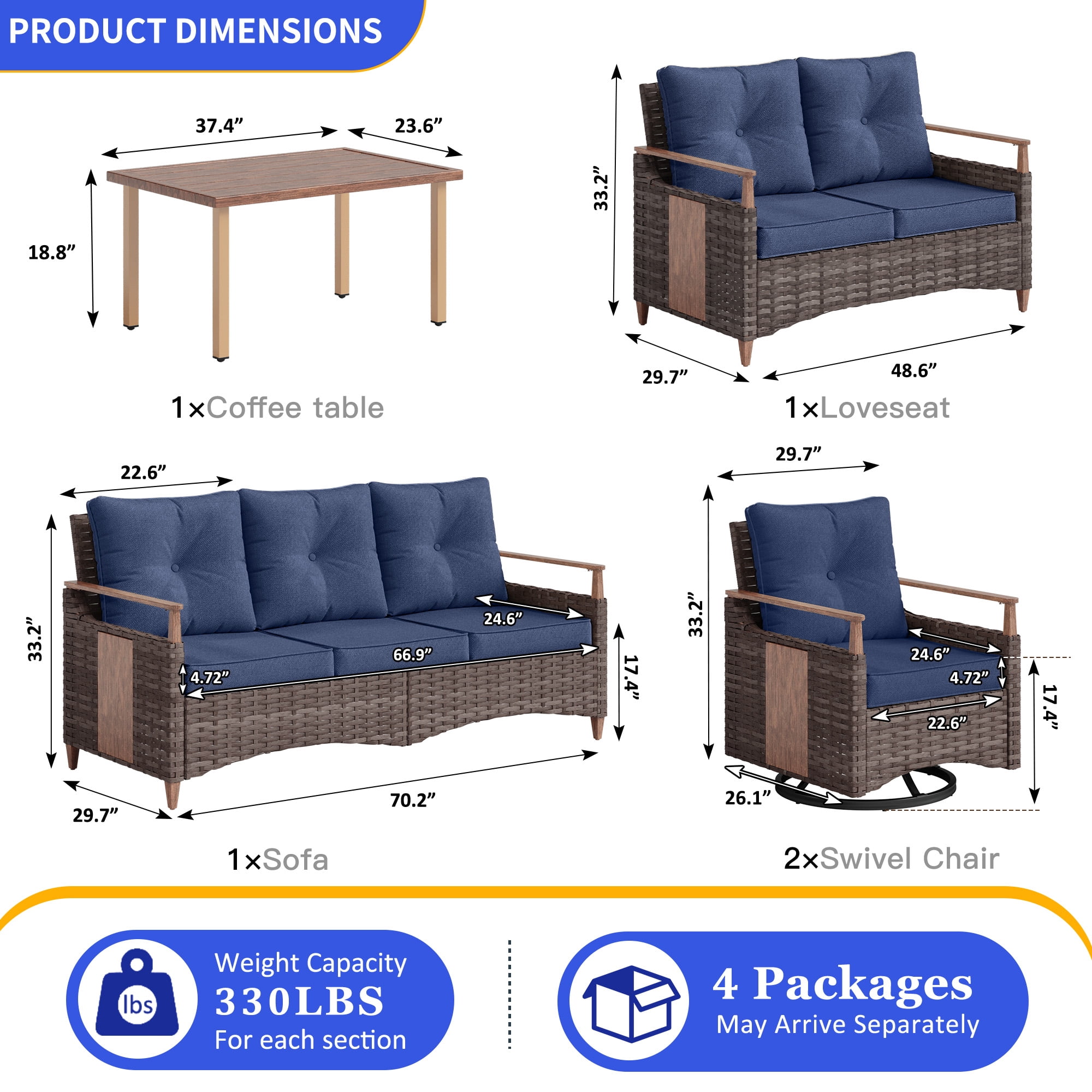 NestNook 5-Piece Outdoor Conversation Set with 2 Swivel Rocker Chairs, 3-Seat Sofa, Loveseat and Aluminum Coffee Table for Porch, Deck, Backyard
