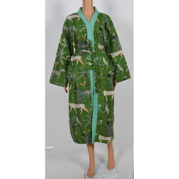 Indian Jungle Print kantha jacket, Indian handmade japanese kimono style kantha robe, Winter jacket, Green colored tie belt coat