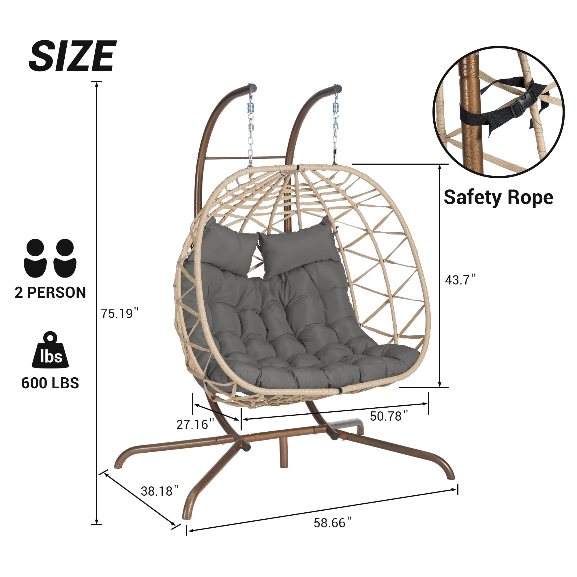 Leumius Double Egg Chair with Stand,Indoor Outdoor Wicker Swing Egg Hanging Chair with UV Resistant Cushions for Patio,Balcony,Porch,600 lbs,Natural+Dark Gray