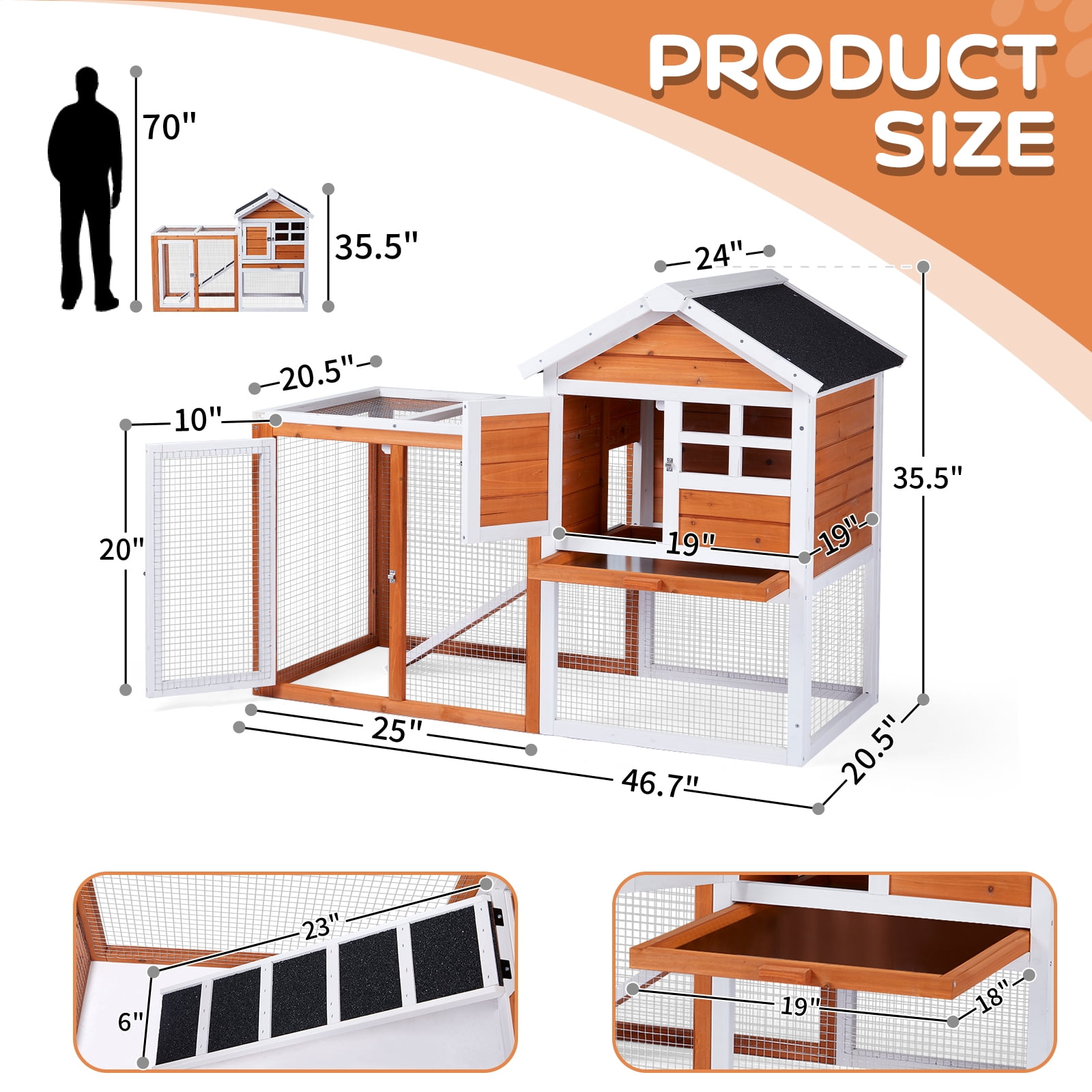 ZHICHUN Wooden Rabbit Hutch with Run Indoor Outdoor Bunny Cage Guinea Pig House with Pull Out Tray Orange