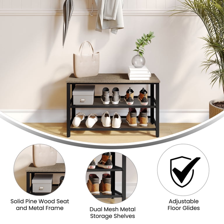 EALSON Rattan Entryway Bench With Storage - Farmhouse 2 Tier Shoe Rack Bench Small Window Bench For Entry/Bedroom | Black Solid Wood & Cane Seat