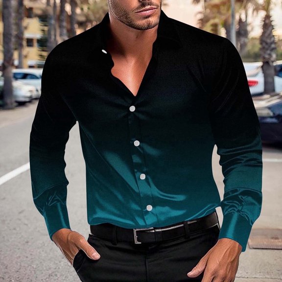 Silk Shirts for Men Big & Tall S-5X Plus Size Long Sleeve Satin Tshirts Shirt Mens Trendy Lightweight Gradient Printed Button-Down Collared Tees Tops