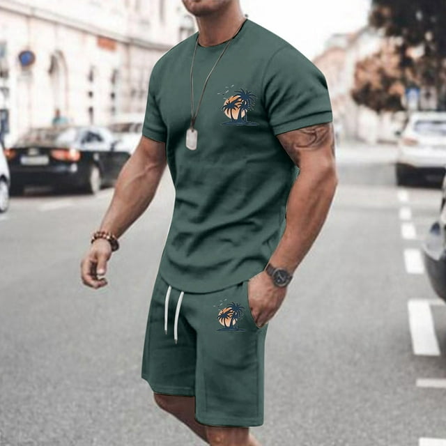 Ensemble de Survêtements pour Hommes Summery Performance pour Tenue Décontractée avec Imprimé Noix de Coco Manches Courtes Col Rond Grande Taille Tenue de Sport Été 2024 Respirant et Confortable