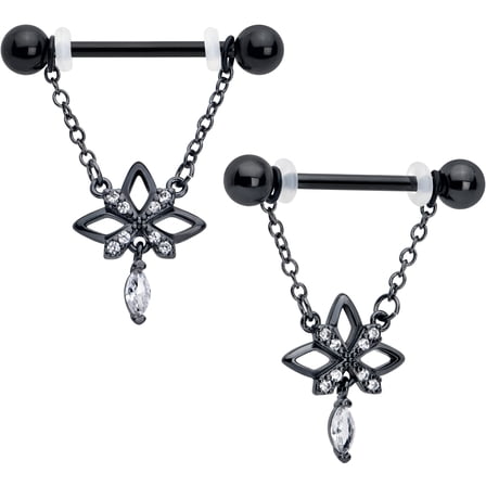 Body Candy 14G 9/16 Nipple Ring Set - 316L Stainless Steel 2Pc Nipplerings Piercing Black Gothic Star Chain Dangle Nipple Barbells