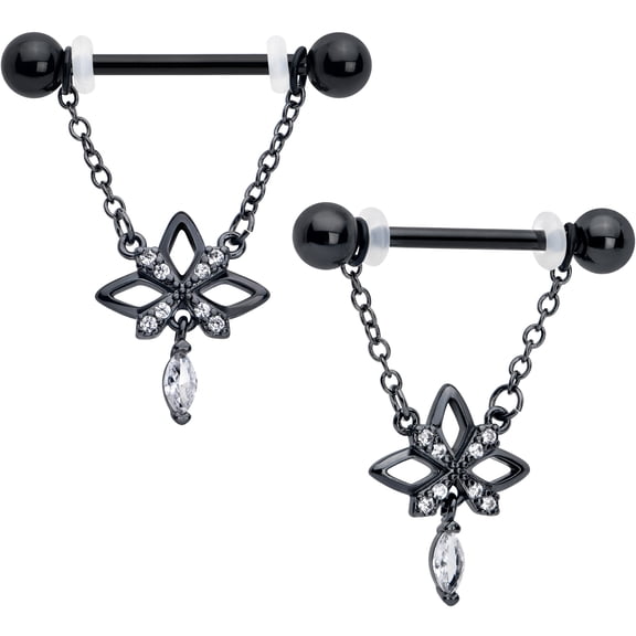 Body Candy 14G 9/16 Nipple Ring Set - 316L Stainless Steel 2Pc Nipplerings Piercing Black Gothic Star Chain Dangle Nipple Barbells