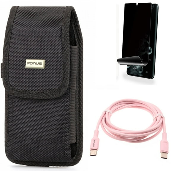 Pink 6ft Long Cable w Case Belt Clip w Privacy Screen Protector for Samsung Galaxy S20 Ultra - USB-C to Type-C PD Fast Charger Cord, Swivel Holster Rugged, TPU Film [NOT GLASS] fits Galaxy S20 Ultra