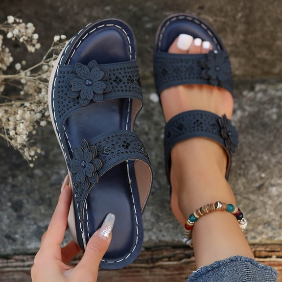NOKIO Women Wedge Sandals Hollow Flowers With Arch Support Comfortable Orthopedic Sandals Slippers Fashionable Women'S Summer Slippers Women's Beach Slope Bottom Shoes Retro Sandals