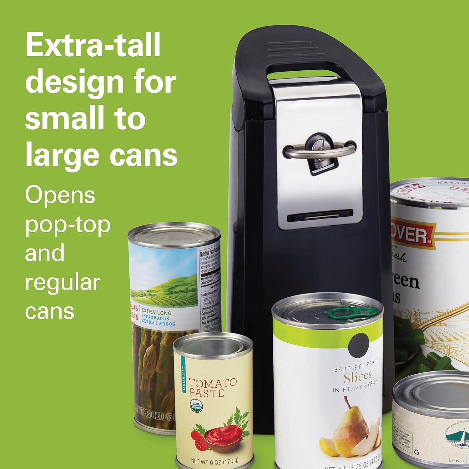 Smooth Touch Electric Automatic Can Opener Easy Push Down Lever, For All Standard-Size and Pop-Top, Extra Tall, With Bottle Opening Accessory and Built-In Knife Sharpener, Black