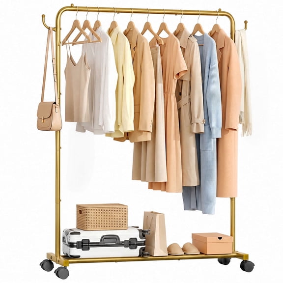 Enogets Heavy Duty Rolling Garment Rack,Metal Clothing Rack for Hanging with Stroage Shelf and Hooks(Gold, 31.5")