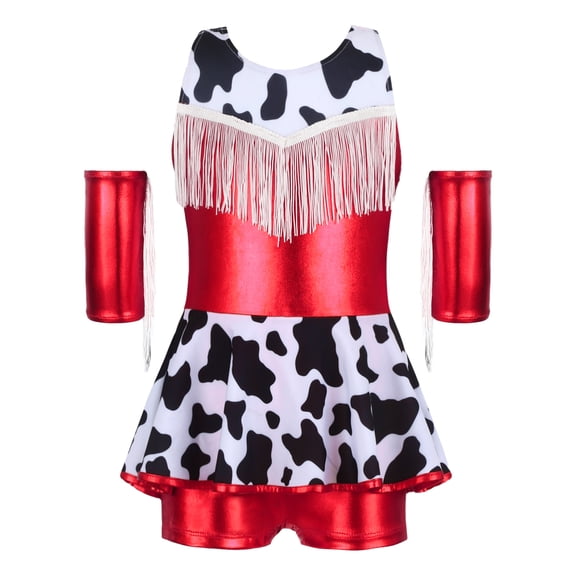 inhzoy Kids Girls Western Cowgirl Outfits Tassel Metallic Gloss Bodysuit with Arm Sleeve for Stage Red 14