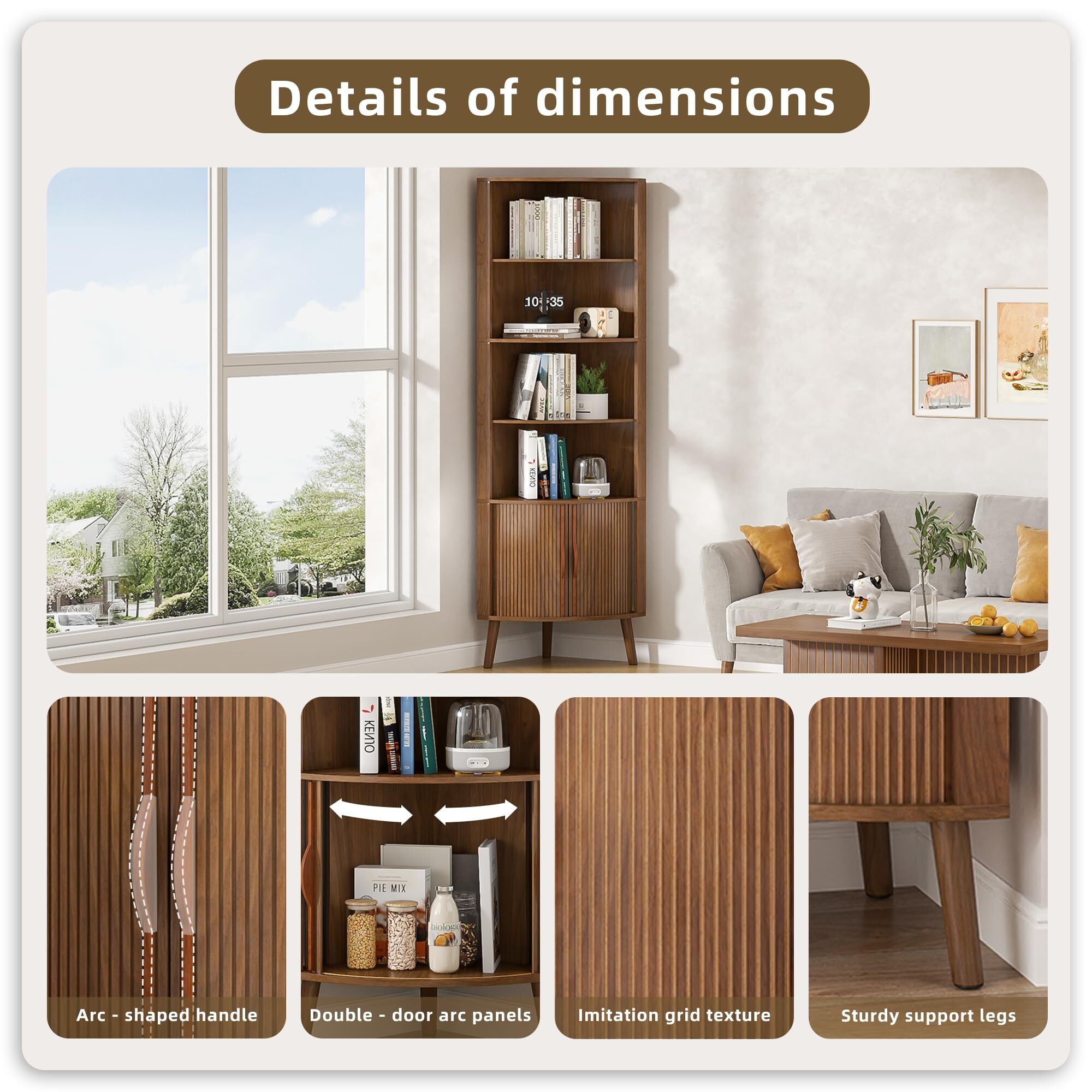 Modern Corner Cabinet, 66.7" Tall Bathroom Storage Cabinet with 2 Fluted Doors & Shelves for Kitchen, Living Room, Walnut