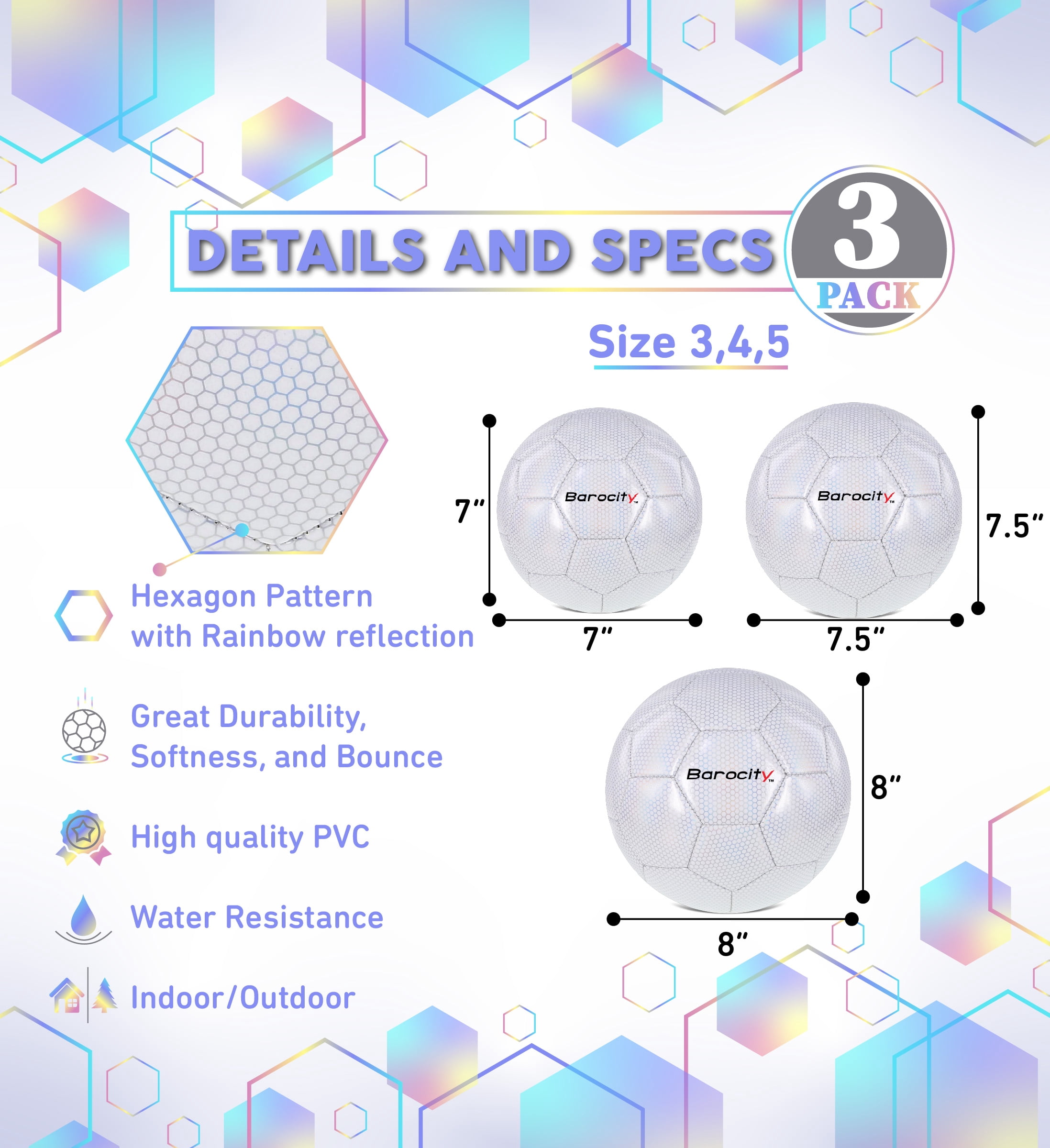 Barocity Iridescent Soccer Balls Set of 3 - Mixed Sizes White Official Match Balls with Reflective Hex Pattern, Sport Soccer Balls for Indoor and Outdoor Training and Practice Games- Sizes 3, 4, and 5