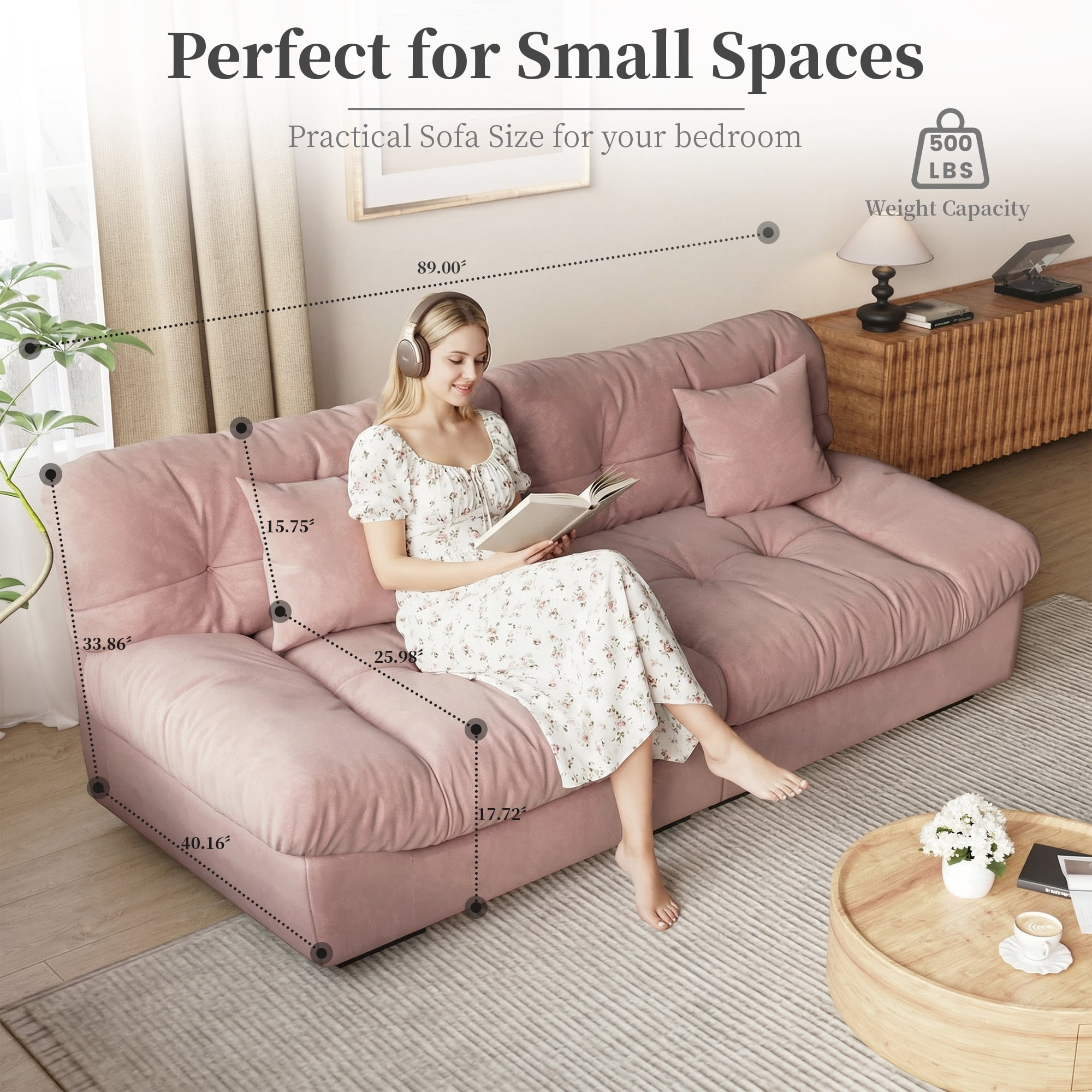 Magic Home 89" Cloud Sofa,Modern Velvet Couch,3-Seat Sofa for Living Room,Apartment and Small Space,Pink