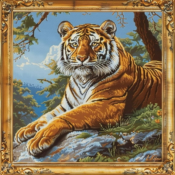 Animal Tiger on Rocks Rest DIY 11CT Stamped Cross Stitch Kits for Beginners Easy Needlepoint Embroidery Counted Cross Stitch Art Craft for Wall Decoration 14x14inch(1)