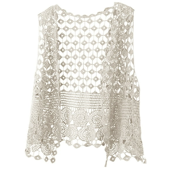 GEWSEY Womens Crochet Cardigan Boho Solid Color Knitted Vest Hollow Out Summer Open Front Sleeveless Kimonos Cardigan (Beige, One Size)