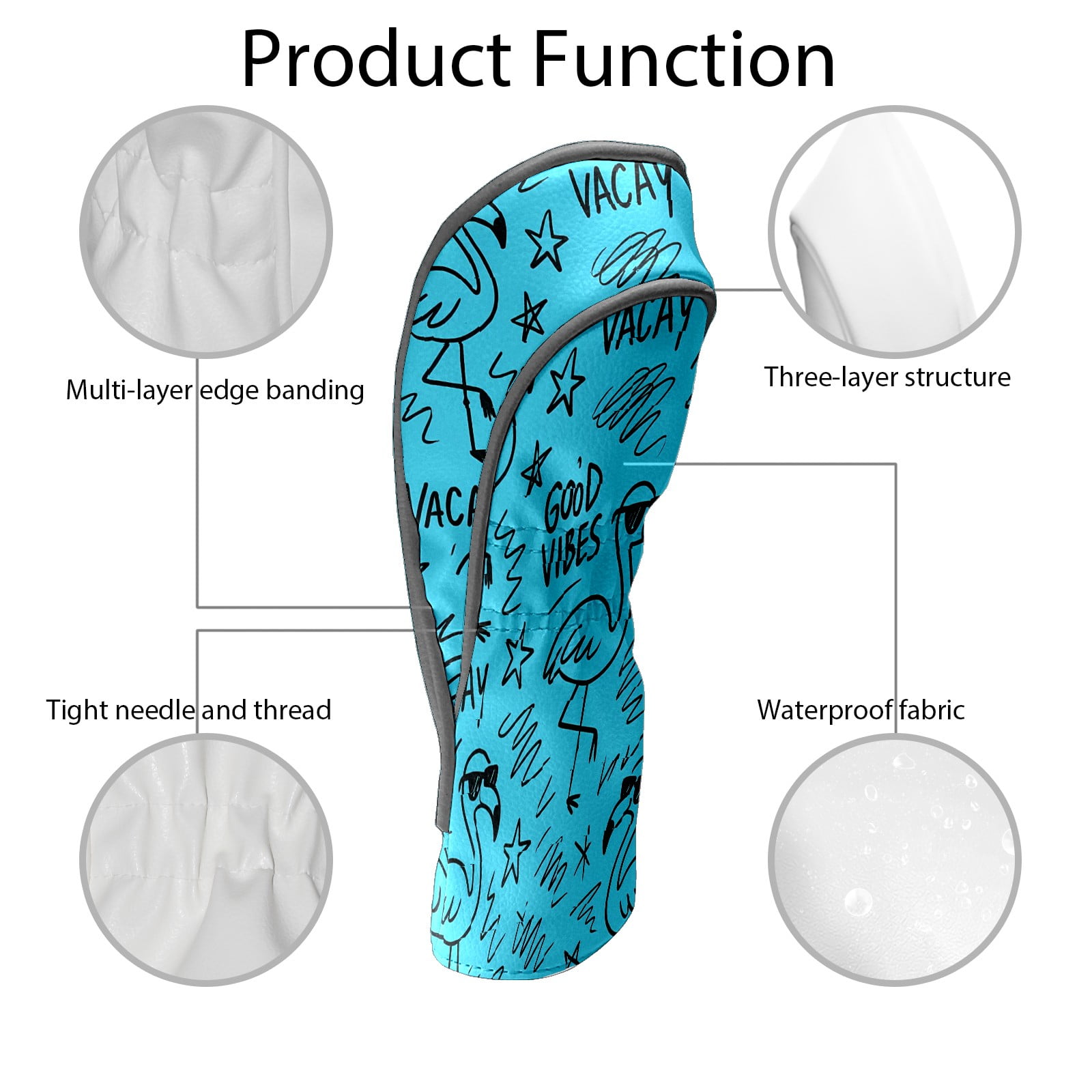 Golf Club Head Covers - Blue Flamingos Vacay Design, Premium PU Leather Driver Hybrid Headcovers with Velvet Lining, Waterproof Golf Gifts for Men Women
