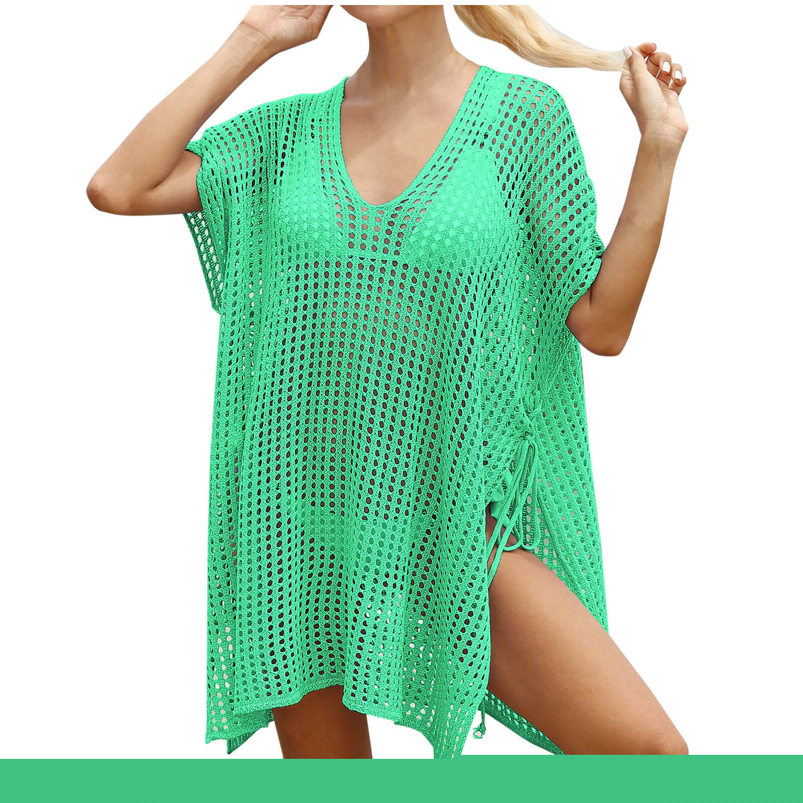 thumbnail image 2 of Qzwdhjm Crochet Bathing Suit Cover Up for Women Hollow Out Tie Side Mini Dress Sleeveless V Neck Swimsuit Coverup Summer Resort Coverups, 2 of 4