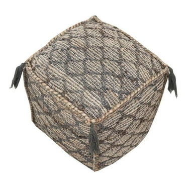 Circe  18" Square Comfort Fabric Pouf in Natural/Elegant Taupe with Tassels