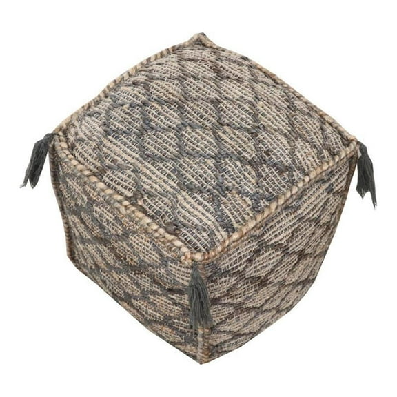 Circe  18" Square Comfort Fabric Pouf in Natural/Elegant Taupe with Tassels