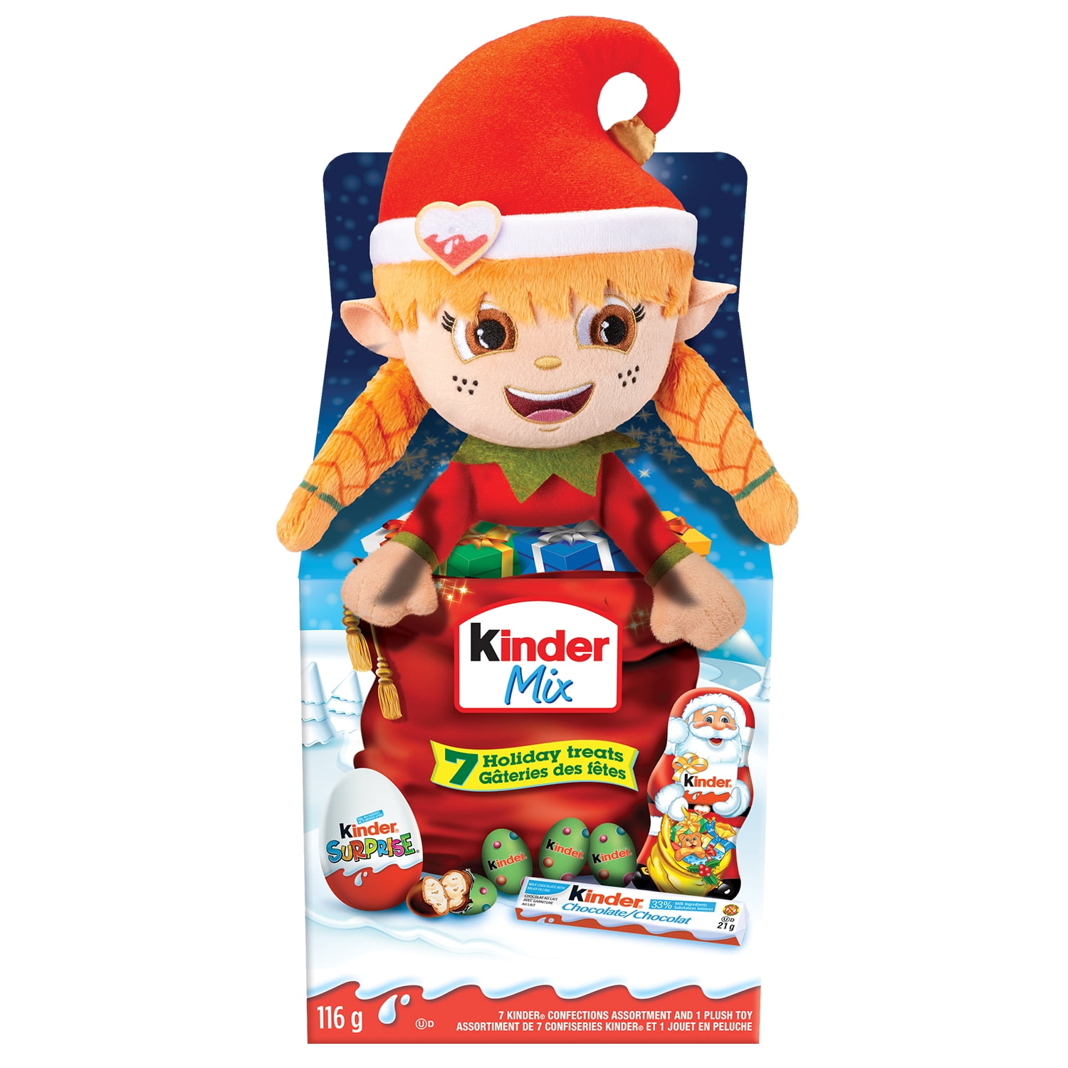 KINDER MIX Holidays Variety Pack with Surprise Plush Toy and 7 Additional KINDER Holiday Chocolate Treats, 116g (Plush Toys Vary), 116 g with 7 treats inside