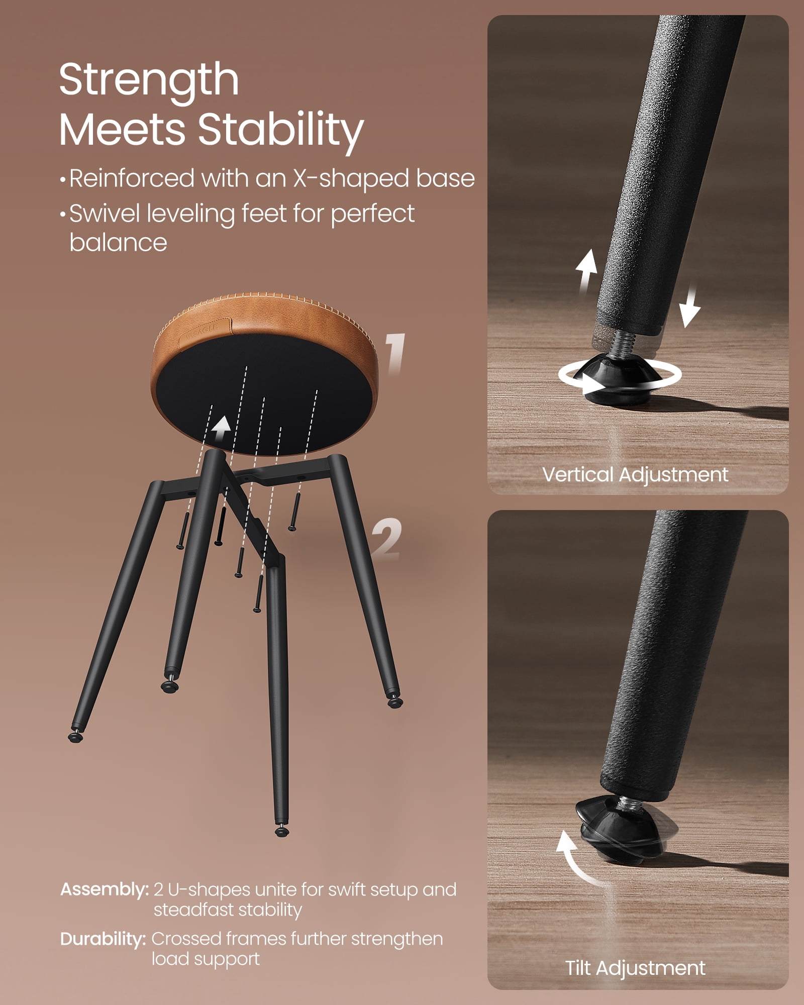 VASAGLE EKHO Collection - Dining Chairs Stools Set of 2, Upholstered Kitchen Stools, Vanity Stools, Synthetic Leather with Stitching, Caramel Brown