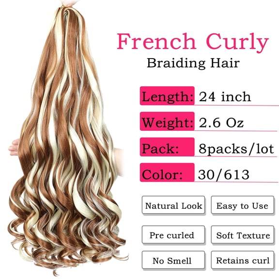 WEIF-French Curly Braiding Hair 24 Inch 8 Packs - Pre Stretched Bouncy Braiding Hair- Loose Wavy Synthetic Hair Extensions for Black Women (24 inch 8 packs 30/613)