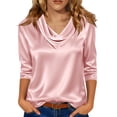 thumbnail image 2 of Hecho para Más Camisa Mujeres Elegante Draped Escote Plisado Cuello Satén Tres Cuartos de Manga Blusa, Suave Top Casual, 2 of 7