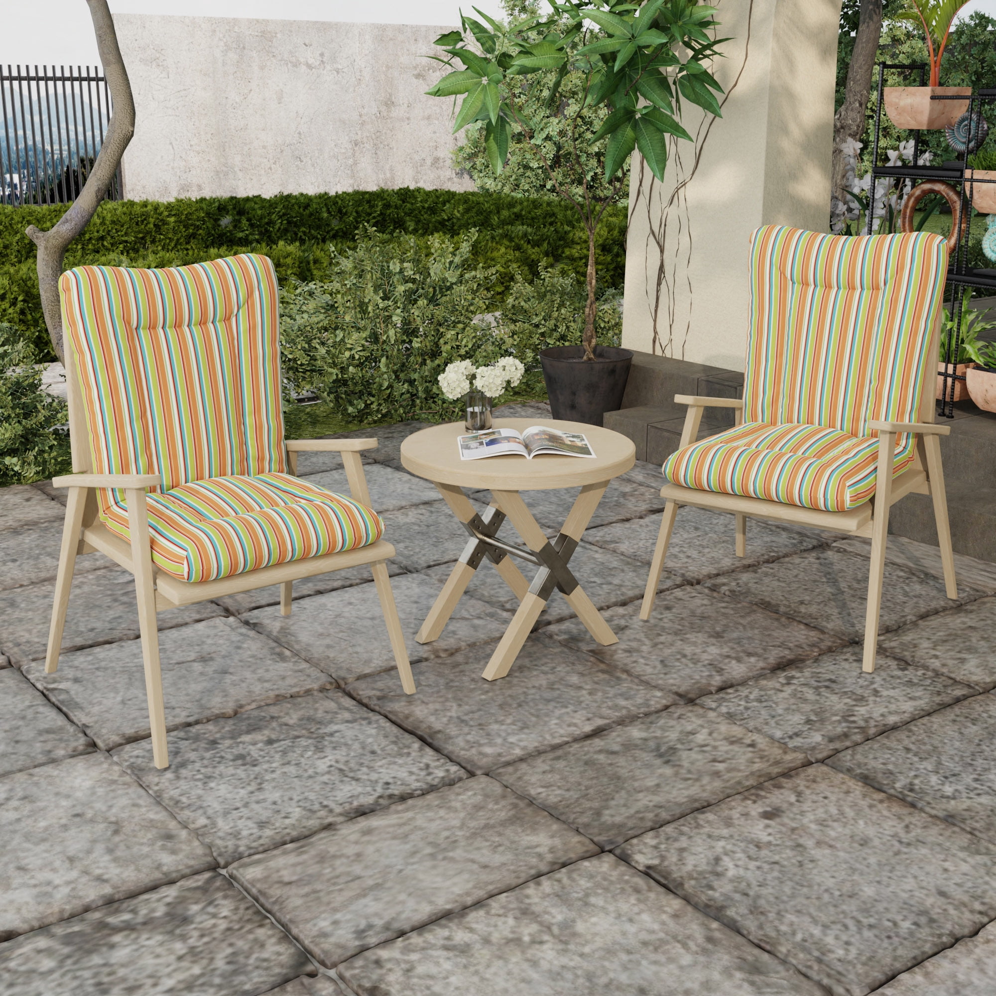 Jordan Manufacturing 38" x 21" Covert Breeze Multicolor Stripe Rectangular Outdoor Wrought Iron Chair Cushion with Ties and Hanger Loop