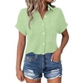 thumbnail image 2 of KIHOUT Women's Crinkle Gauze Button-Down Shirt Short Sleeve Rolled Cuff Split Hem Casual Cotton Blouse, 2 of 7