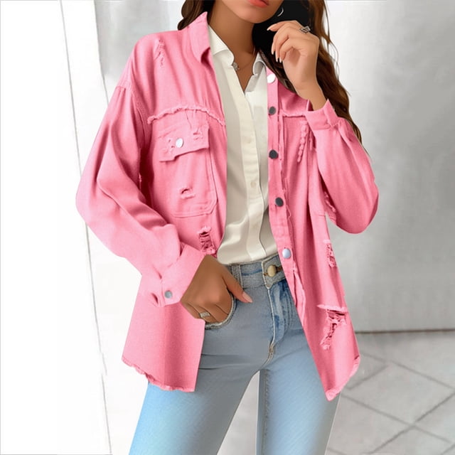 HUITKMM Womens Fall Jacket Women's Pure Color Loose Denim Jacket with Sleeves
