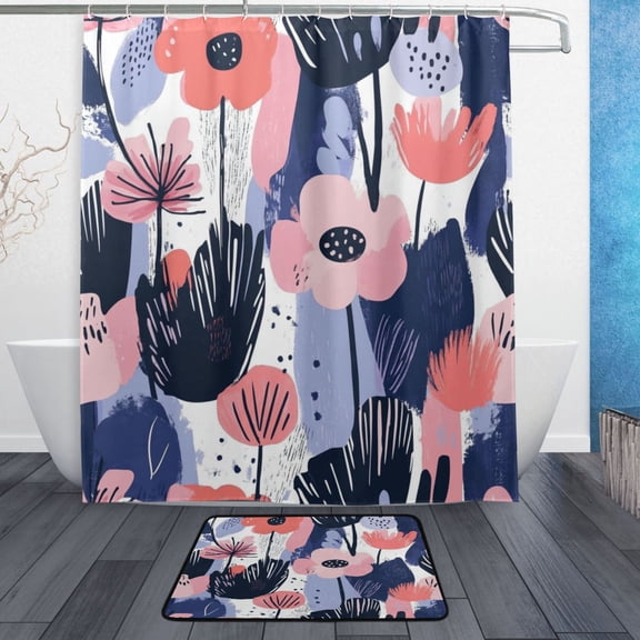 Bath Curtain & Non-Slip Bath Mat Set 12-Grommet Shower Curtain Memory Foam Bath Rug Navy Blue Abstract Flowers