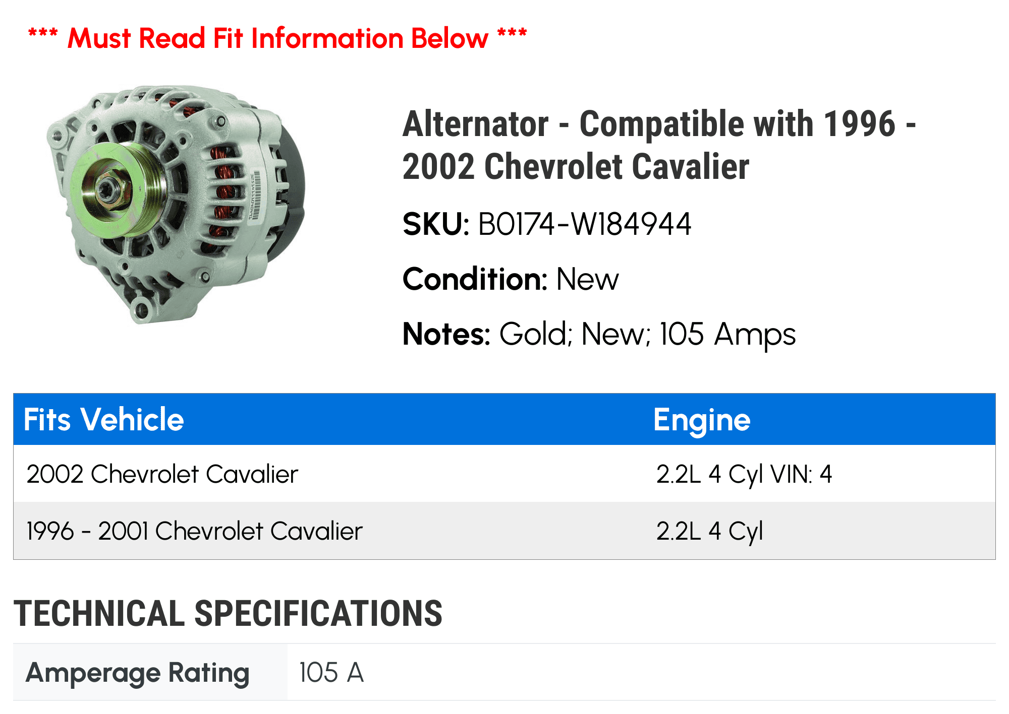 Alternator - Compatible with 1996 - 2002 Chevy Cavalier 1997 1998 1999 2000 2001