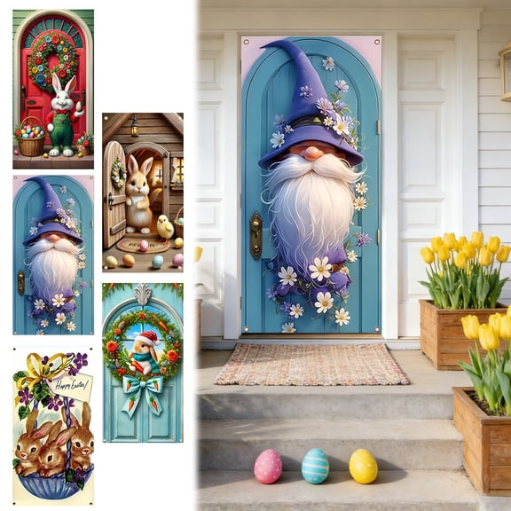 AZXY Easter Gnome Door Cover 71x35 Inch, Purple Gnome with Flowers Door Banner Backdrop, Spring Whimsical Front Door Decorations for Outdoor Porch Farmhouse Easter Party Wall Home Decor