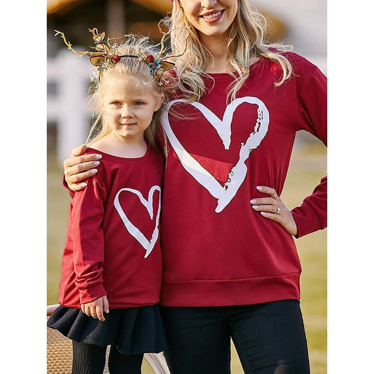 Bebiullo Mommy and Me Family Matching Shirts Outfits Love Heart Valentines Long Sleeve Pullover Sweatshirt Red Kids XL 6 7T